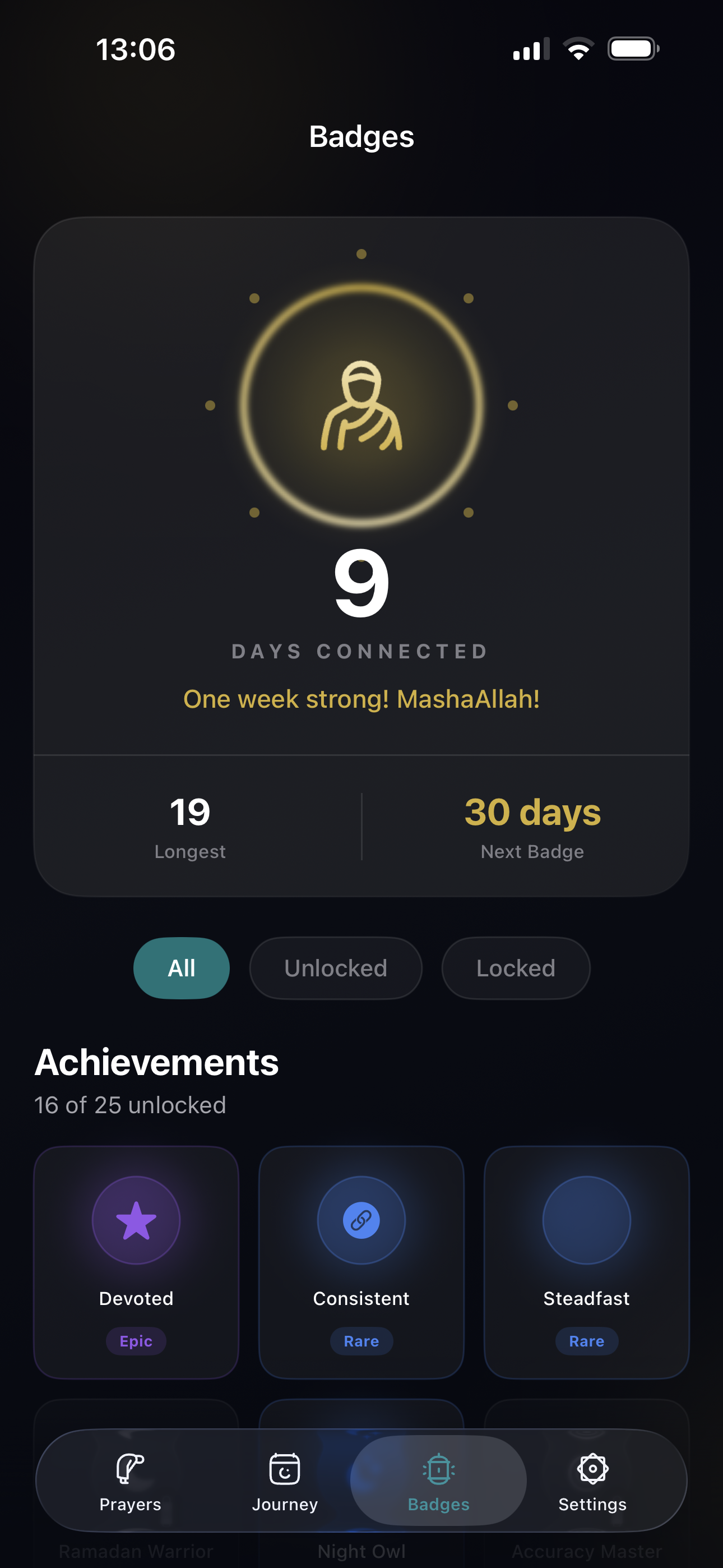 Prayer achievement badges including Fajr Warrior and Perfect Month