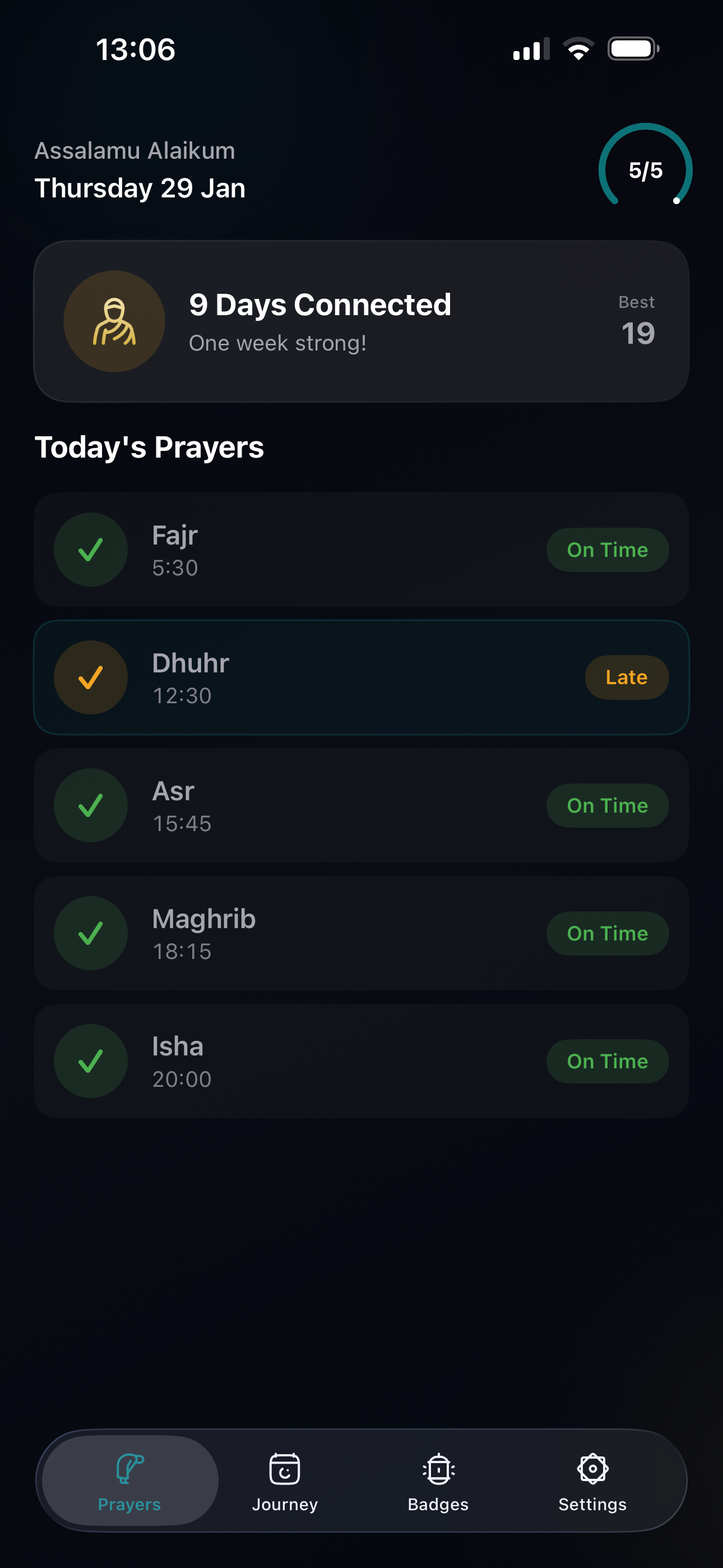 Daily prayer times dashboard showing Fajr, Dhuhr, Asr, Maghrib, and Isha